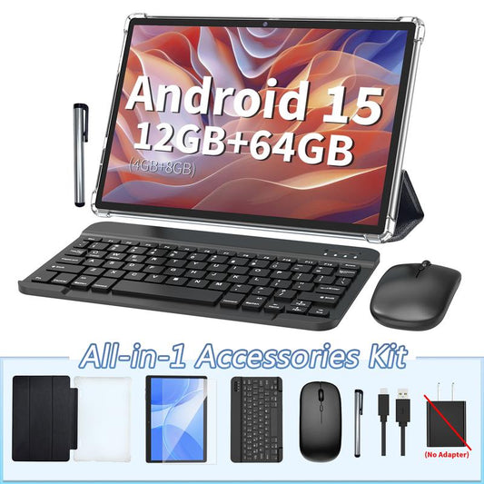 PYNAREL Tablet 10.1 Inch Android 15, 2 in 1 Portable Device with Keyboard, Mouse, Case, Stylus, 12(4+8)GB RAM 64GB ROM, Dual Camera, for Valentine’s Day Gift