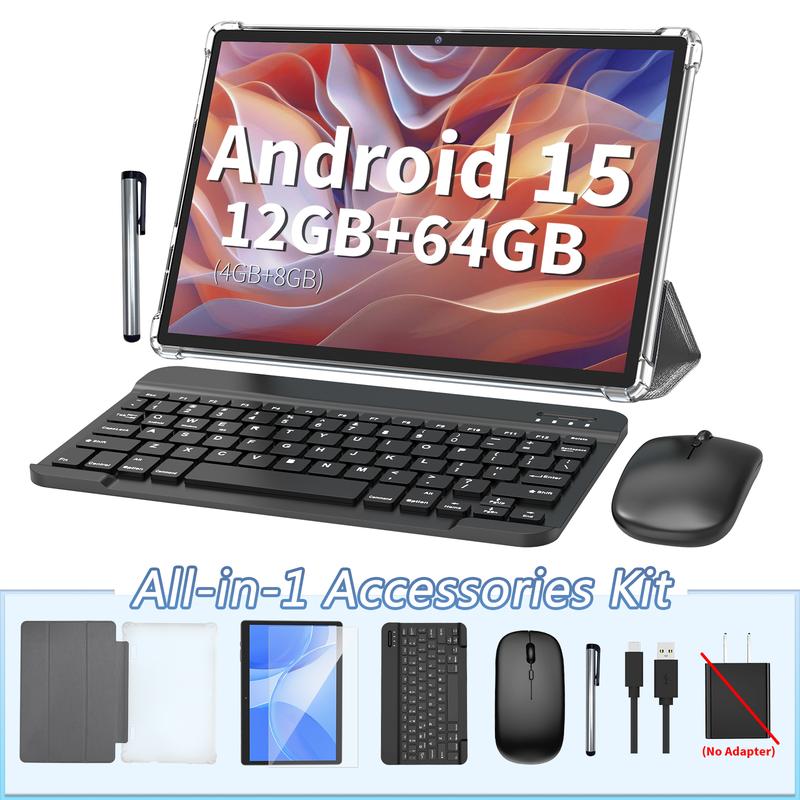 PYNAREL Tablet 10.1 Inch Android 15, 2 in 1 Portable Device with Keyboard, Mouse, Case, Stylus, 12(4+8)GB RAM 64GB ROM, Dual Camera, for Valentine’s Day Gift