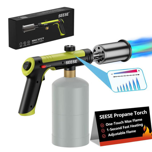 SEESE Powerful Propane Torch(Propane Tank Not Included),With One-Touch Max Fire Button and Safety Lock, Adjustable Blow Torch for Sous Vide Searing Steak, BBQ,Fireplace,Charcoal Wood