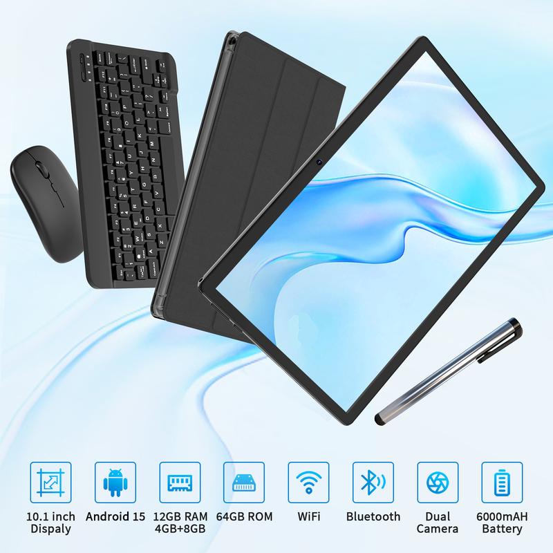 PYNAREL Tablet 10.1 Inch Android 15, 2 in 1 Portable Device with Keyboard, Mouse, Case, Stylus, 12(4+8)GB RAM 64GB ROM, Dual Camera, for Valentine’s Day Gift
