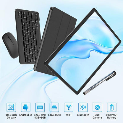 PYNAREL Tablet 10.1 Inch Android 15, 2 in 1 Portable Device with Keyboard, Mouse, Case, Stylus, 12(4+8)GB RAM 64GB ROM, Dual Camera, for Valentine’s Day Gift