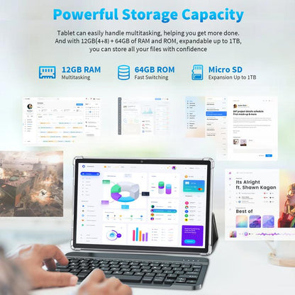 PYNAREL Tablet 10.1 Inch Android 15, 2 in 1 Portable Device with Keyboard, Mouse, Case, Stylus, 12(4+8)GB RAM 64GB ROM, Dual Camera, for Valentine’s Day Gift