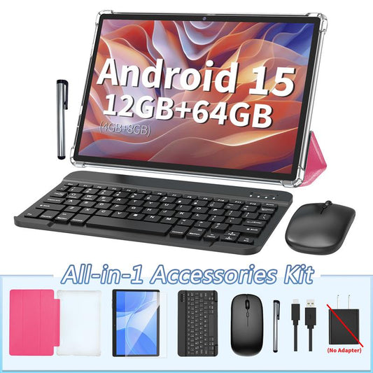 PYNAREL Tablet 10.1 Inch Android 15, 2 in 1 Portable Device with Keyboard, Mouse, Case, Stylus, 12(4+8)GB RAM 64GB ROM, Dual Camera, for Valentine’s Day Gift